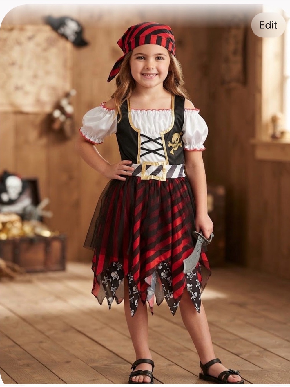 Kids Red and Black Pirate Costume Dress with Bandana